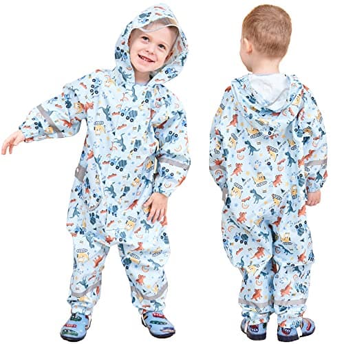 Kids Toddler Rain Suit for Boys Girls One Piece Hoodie Zipper Cartoon Waterproof Coverall Rain Jacket 1-3 Years S Size