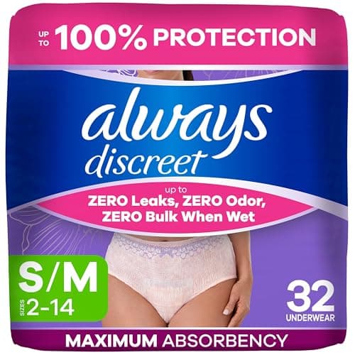 Always Discreet Adult Diapers for Women, Incontinence Underwear, Postpartum Essentials, Disposable Briefs, Max Absorbency, Bladder Leak Protection, Small/Medium, 32ct