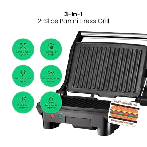 Chefman Electric Panini Press Grill and Gourmet Sandwich Maker w/ Non-Stick Coated Plates, Opens 180 Degrees to Fit Any Type or Size Food, Dishwasher Safe Removable Drip Tray, Stainless Steel/Black