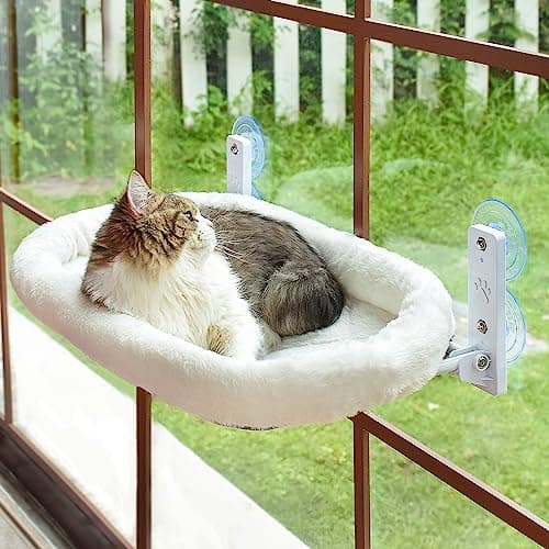 AMOSIJOY Cordless Cat Window Perch, Cat Hammock for Window with 4 Strong Suction Cups, Solid Metal Frame and Soft Cover, Foldable Cat Beds for Indoor Cats…