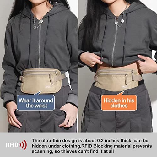 Money Belt - Passport Holder Secure Hidden Travel Wallet with RFID Blocking, Undercover Fanny Pack (Beige)