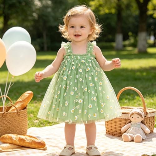 AGQT Baby Girls Tutu Dress Sleeveless Kids Tulle Princess Birthday Dresses Formal Party Gowns Green Daisy-Lace Size 18-24 Months