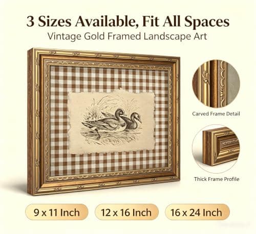 Vintage Gold Framed Wall Art, Brown Gingham Sketch Ducks Canvas Prints, Retro Rustic Farmhouse Animal Picture Wall Decor, Country Cottagecore Goose Poster Artwork for Living Room Bedroom