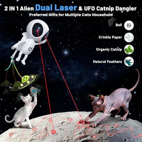 ORSDA Laser Cat Toys, 2 in 1 Automatic Dual Laser & Catnip UFO Dangler Cat Toys for Indoor Cats, Truly Random Trajectory Radar Motion-Activated, Rechargeable 4 Modes, Clamp Design, White