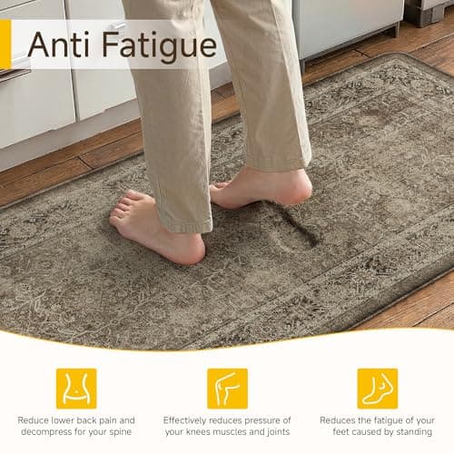 PureCozy Kitchen Mats 2PCS Anti Fatigue Cushioned Mat Brown Vintage Kitchen Mats for Floor Waterproof Non Slip Comfort Standing Distressed Rug for Sink Laundry Office 17.3"x47"+17.3"x30"