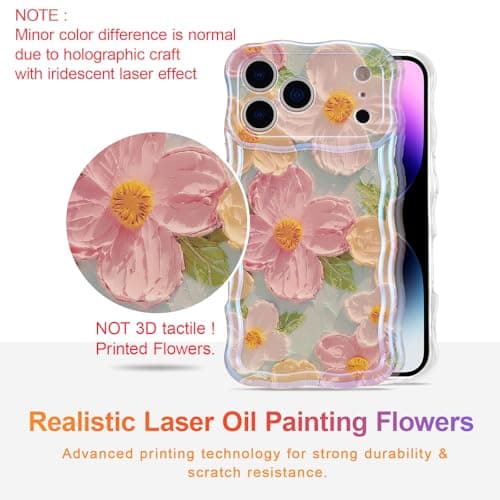EYZUTAK Case for iPhone 17 Pro Max, Colorful Retro Oil Painting Printed Flower Laser Glossy Pattern Cute Curly Wave Edge Exquisite Phone Cover Stylish Durable TPU Protective Case for Girl Women-Green