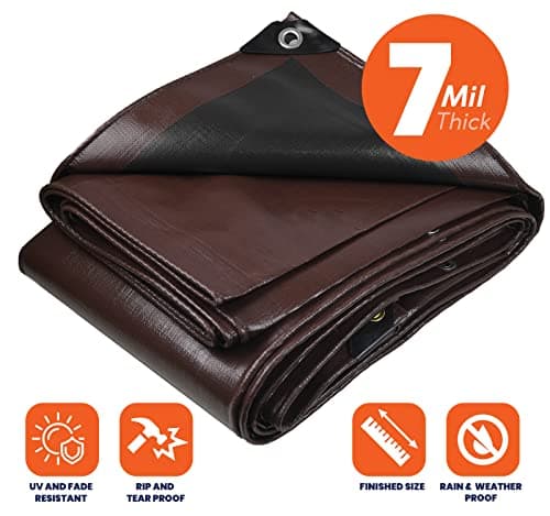 Tarpco Safety Heavy Duty 7 Mil Tarp Cover, Waterproof, UV Resistant, Rip and Tear Proof, Poly Tarpaulin with Reinforced Edges for Roof, Camping, Patio, Pool Cover, Boat (Brown/Black 24′ X 36′)