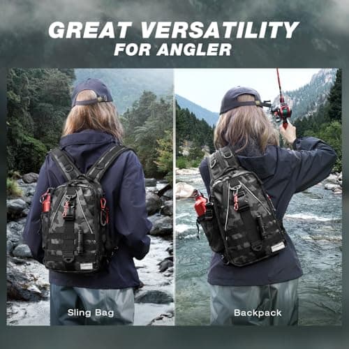 Ghosthorn Fishing Backpack with Rod Holder, Fishing Tackle Sling Bag, Lightweight Fish Storage Tackle Box Fly Fishing Gifts for Men Women Child (Black Camouflage)