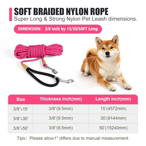 lynxking Long Dog Leash Reflective 15ft 30ft 50ft Check Cord Training Lead Padded Handle Heavy Duty Rope for Puppy Small Medium Large Dogs (Pink, 30ft x 3/8inch)