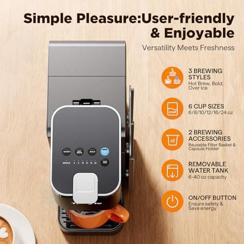 Tastyle Hot & Iced Coffee Maker with Magnetic K-Pod Holder, Fits 7.3'' Mug