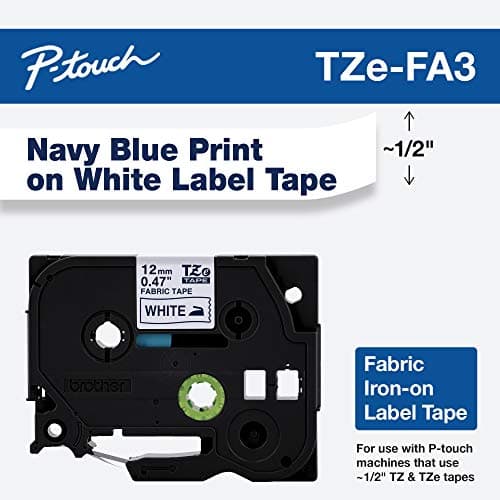 Brother Genuine TZeFA3 Navy on White Fabric Iron-on 12 mm Tape for P-Touch Label Makers