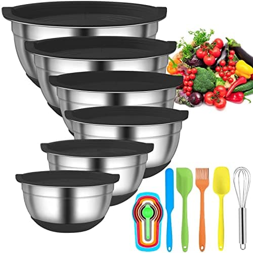 Menbyci 6 Pcs Mixing Bowls with Lids,Stainless Steel Mixing Bowls,Black Non-Slip Bottoms,Including Kitchen Utensils,Mixing Bowl Set for Kitchen Mixing Baking Prepping Cooking Serving