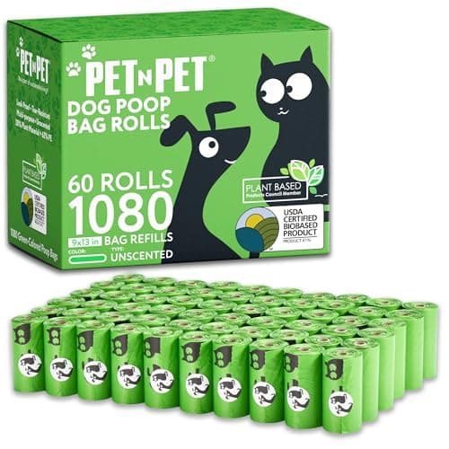 Pet N Pet Dog Poop Bags - USDA Certified 41% Plant-Based Doggy Poop Bags - Leak-Proof Sac Caca Chien Refill Rolls (1080 Count, Unscented, Green)