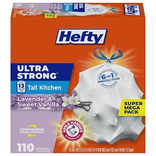Hefty Ultra Strong 13 Gallon Trash Bags, Tall Kitchen, Drawstring Closure, Odor Control, White, Lavender, Sweet Vanilla, 110 Count