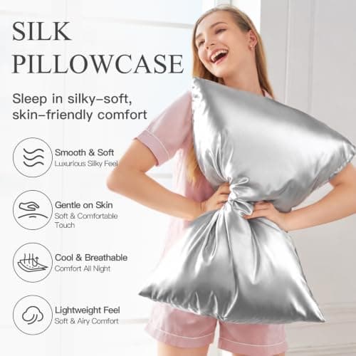 INSSL Silk Pillow Cases for Women, Mulberry Silk Pillowcase for Hair and Skin and Stay Comfortable and Breathable During Sleep (Gray, Queen,1 Pack)