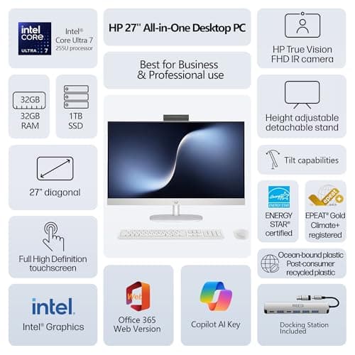 HP 27” FHD Touchscreen All-in-One – Everything to Just Work, Intel Core Ultra 7 155U, 32GB DDR5, 1TB SSD, Free Web Office, HDMI & Ethernet, Windows 11 Pro, USB-C Docking Station Included