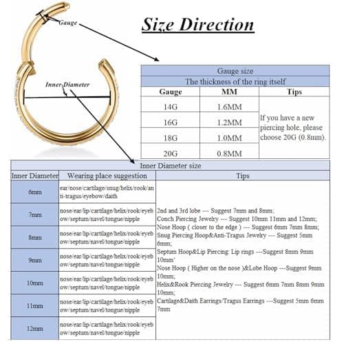 Yrogcu 16G Gold 6mm Hinged Nose Ring Hoop Double Row Diamonds Septum Piercing Jewelry Cartilage Earrings Stainless Steel Helix Earring Hoop Daith Lip Eyebow Belly Ring with Shiny Clear CZ