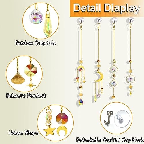 Sun Catchers Indoor Window - 4Pcs Colorful Crystal Suncatchers with 4Pcs PVC Suction Cup Hooks, Hanging Suncatcher for Window with Chain Pendant Ornament, Prism Suncatcher for Home Garden Decoration