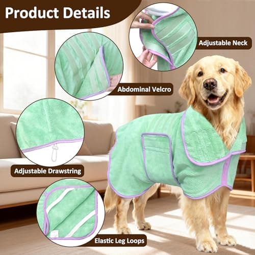 Soft Dog Bathrobe Fast Drying Dog Coat, Super Absorbent Dog Towels for After Bath, Microfiber Pet Robe Adjustable Collar & Belly Warm Keeping Dogs Coat for Pet Dogs & Cats (Green, X-Large)