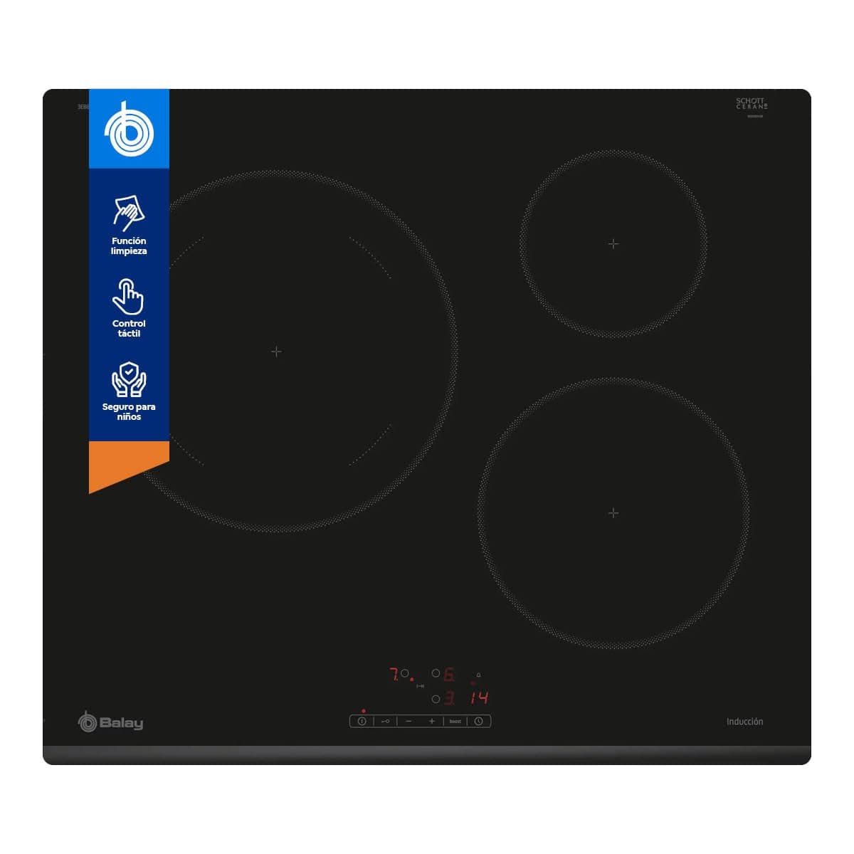 Balay - Placa de inducción, 60 cm, Zona gigante de 28 cm, Negro, sin marco inoxidable, 3EB865FR