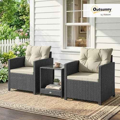 Outsunny 3 Piece Wicker Patio Furniture Set, PE Rattan Outdoor Bistro Set with Armchairs, 2-Tier Glass-Top Table, Cushions, Outdoor Conversation Furniture for Porch Balcony, Beige