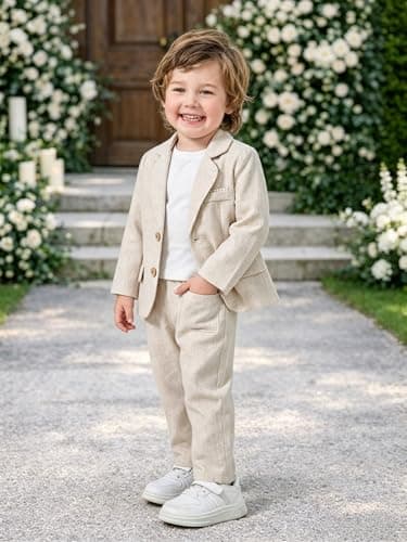 Volunboy Toddler Suit Baby Boy 2 piece Linen Blazer Dress Pants Set Boys Tuxedo Bowtie Set (BeigeWhite, 2-3T)
