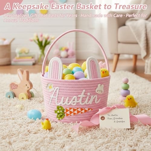 Dyoart Personalized Easter Baskets, Custom Name & Icon Easter Basket with Cute Ears, Hand-Woven Easter Egg Hunt Bag, Customized Easter Gifts Decor for Boys Girls, Cotton Rope Tote Color01