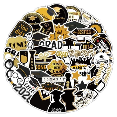 50 PCS 2026 Graduation Stickers, Waterproof Vinyl Black & Gold Foil Graduation Decals for Laptop, Luggage, Skateboard, Phone, Fridge, Trendy Stickers for Teens, Adults, Graduates