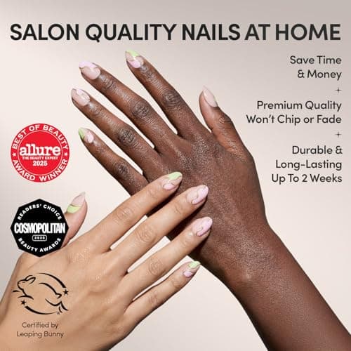 Glamnetic Press On Nails - Short Oval Fake Nails, Pink & Green Swirl Nails with Gold Foil Accents, Strawberry Matcha | 15 Sizes - 30 Nail Kit with Glue