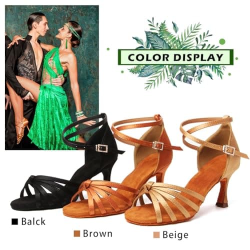 TINRYMX Women's Latin Dance Shoes Satin Ballroom Salsa Cha-cha Professional Practice Dance Shoes,EM217-Brown-2.75 Inch,7.5 US