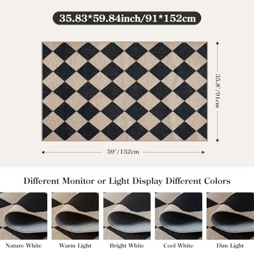 Lahome Checkered Easy Jute 3x5 Entryway Front Porch Rug, Black Diamond Indoor Outdoor Patio Layering Rug, Washable Farmhouse Neutral Non Slip Non Shedding Door Carpet for Backyard Blacony