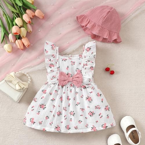 LUJENGEFA Baby Summer Outfits Clothes Casual Cotton Linen Bow Sundress Infant Dresses with Hat for Girls B-Pink 18-24 months