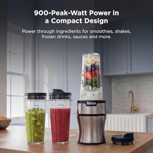 Ninja Nutri-Plus Personal Blender | Compact Push to Blend | Make Frozen Drinks, Smoothies, Sauces & More | With (3) 20 oz. To-Go Cups, (2) Spout-Lids & (1) Storage-Lid | 900 Peak Watt | Silver | BN301