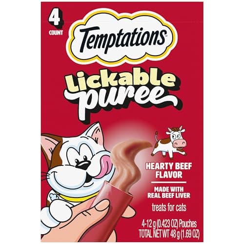 Temptations Creamy Puree Squeezable Lickable Cat Treats, Wet Cat Treats with Beef Liver, 0.42 oz. Tubes, 4 Count, Pack of 11 (44 Total)