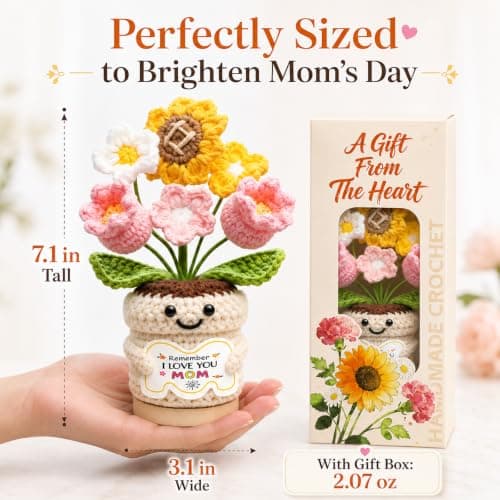 Gifts for Mom, Mothers Day Gifts for Mom from Daughter Son, Mom Birthday Gifts, Crochet Flower Pot, Handmade Knitted Sunflower Tulip, Cute Mom Gifts Desk Decor Emotional Support Gift