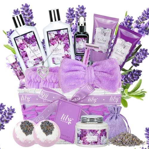 Gifts for Women, Birthday Gifts, Lavender Lilac Bath and Body Gift Basket Set - 16Piece Spa Gift Basket for Women, Mothers Day Gift Basket for Mom, Pampering Bath Set | Christmas, Perfect Holiday Gift for Her & Mom