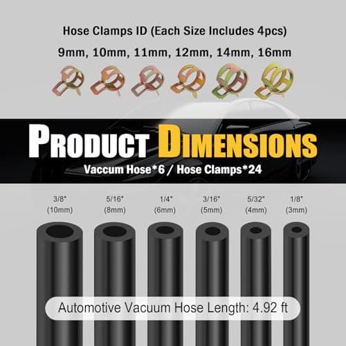 6PCS 5Ft Silicone Vacuum Hose Automotive Kit,ID 1/8" 5/32" 3/16" 1/4" 5/16" 3/8" Vacuum Lines Automotive & Hose Clamp & Vacuums Line Connectors,Professional Vacuums Line Kit