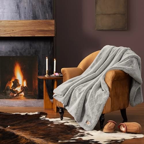 UGG Euphoria Faux Fur Throw Blanket, Oversized Warm Throw for Couch or Chair, Luxury Bedroom Decor, Cozy Soft Blankets, Machine Washable, 50-inch x 70-inch, Seal Grey