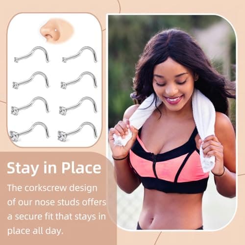 FriBasics 8Pcs 316L Surgical Stainless Steel 20G Nose Studs Set, High Polish Finish Corkscrew Nose Rings, Clear Cubic Zirconia, Size 1.5-3MM, For Men: 8Pcs/20g/1.5/2.0/2.5/3.0mm, Stainless Steel Cubic