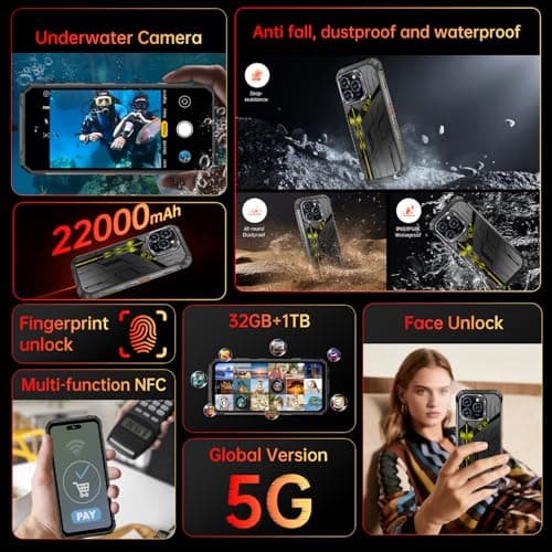 Huness 16 Ultra 32+1TB Rugged Armor Unlocked Cell Phone,Smartphone 6.99" HD Screen Android 15 Battery 22000mAh Unlocked Phone (Black, A_32+1TB)