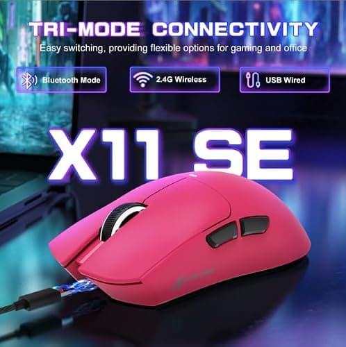 Attack Shark X11SE Ultra-Light Wireless Gaming Mouse, Tri-Mode-2.4G/USB-C Wired/BT, PixArt PAW3311 Gaming Sensor, 22KDPI, 5 Programmable Buttons for Laptop, PC, Mac Gamer (Berry Red)