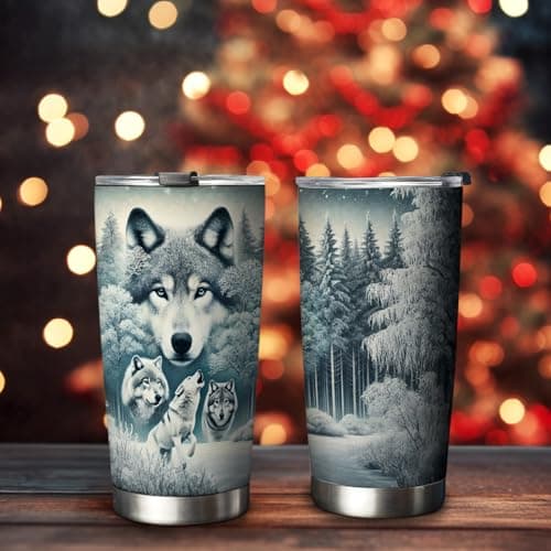 64HYDRO 20oz Snow Wolf Tumbler, Gifts for Wolves Lovers, Coffee Tumbler for Men, Women, Stainless Steel Double Wall Vacuum Insulated Coffee Mug, Travel Cup with Lid