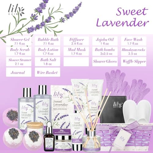 Gifts for Women, Birthday Gifts - 18-Piece Bath and Body Basket, Mothers Day Gift Basket for Mom, Lavender Spa Gift Basket for Women, Bath Collection, Spa Kit | Christmas Gift, Perfect Spa Present for Her Valentines Day