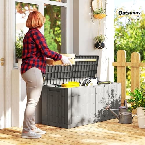 Outsunny 120 Gallon Resin Deck Box, Lockable Outdoor Storage Box with Safe Pneumatic Rods, Splash-Resistant & UV Resistant Patio Storage Container for Garden Tools, Pool Supplies