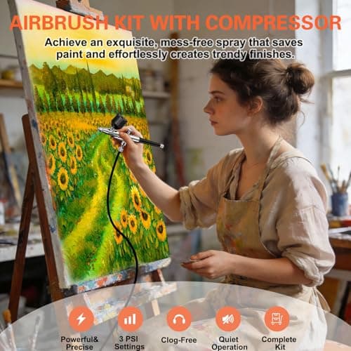 KingMiKi Airbrush Kit with Air Compressor, 22/30/50 PSI High Pressure Air Brush Non-Clogging with 0.2/0.3/0.5mm Nozzle/Cleaning Sets, Ideal for Painting, Modeling, Cake Decor, Makeup,Nail Art