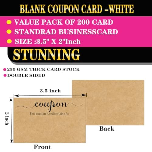 MOKTREGD 200 Pack Blank Coupon Cards Kraft, 3.5"x2" Gift Cards, Little Make Your Gift Certificate, Vouchers for Present, Holiday, Valentines Simple Redeemable For Design, Lots of Space to Write