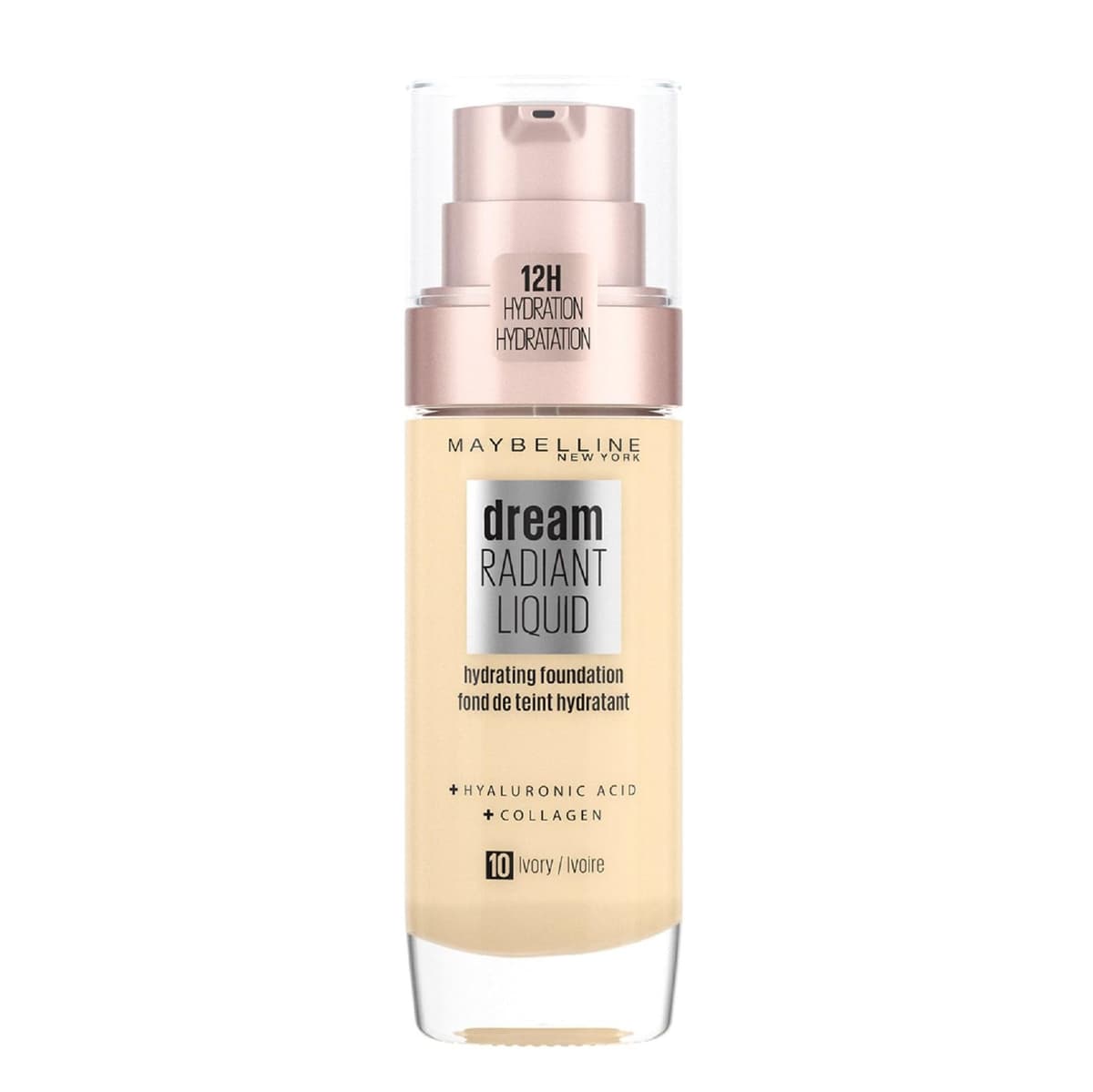 Maybelline Foundation, Dream Radiant Liquid Hydrating Foundation with Hyaluronic Acid and Collagen, Lightweight, Medium Coverage Up to 12 Hour Hydration, 10 Ivory
