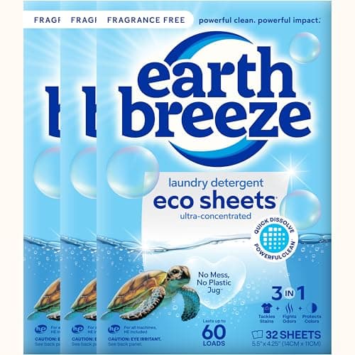 Earth Breeze Laundry Detergent Sheets Fragrance-Free - 180 Loads Eco Liquidless Soap - Travel-Friendly for Hot & Cold Cycles, Tackles Tough Stains & Odors - Gentle on Sensitive Skin, 90 Ct (3 Pack)