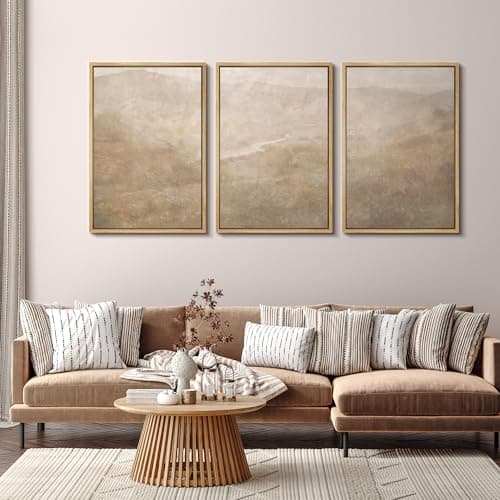 SIGNFORD Framed Canvas Print Wall Art Set Neutral Misty Mountain Landscape Minimal Earth Tone Illustrations Modern Art Relax/Calm for Living Room, Bedroom, Office - 24"x36"x3 Natural
