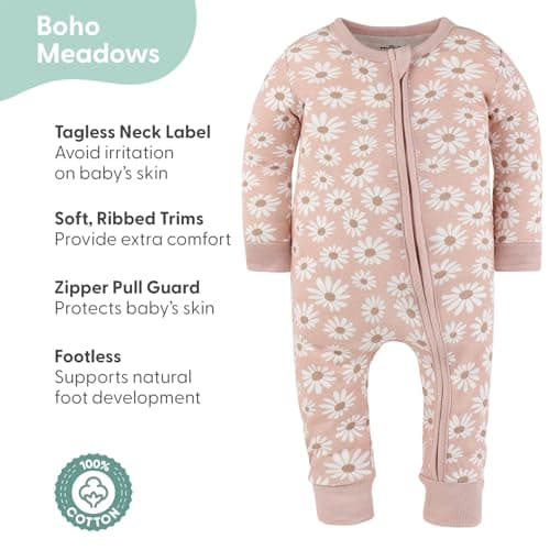 The Peanutshell 2-Pack Sleep and Play Baby Girl Clothes, 12-18 Months, Soft Cotton Footless Pajamas, Boho Meadow